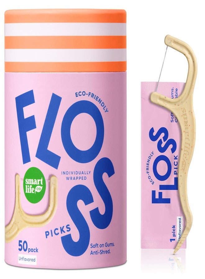 SMARTLIFECO Individually Wrapped Dental Floss Picks (50ct) - Eco-Friendly Flosser Handle Made with Straw Wheat Blend | Great for Travel | PFA Free | Toothpick Stick Soft On Gums & Teeth | Vegan | Unflavored - Image 1